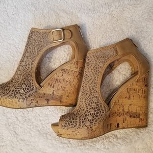 Women's tan cork wedges with lace